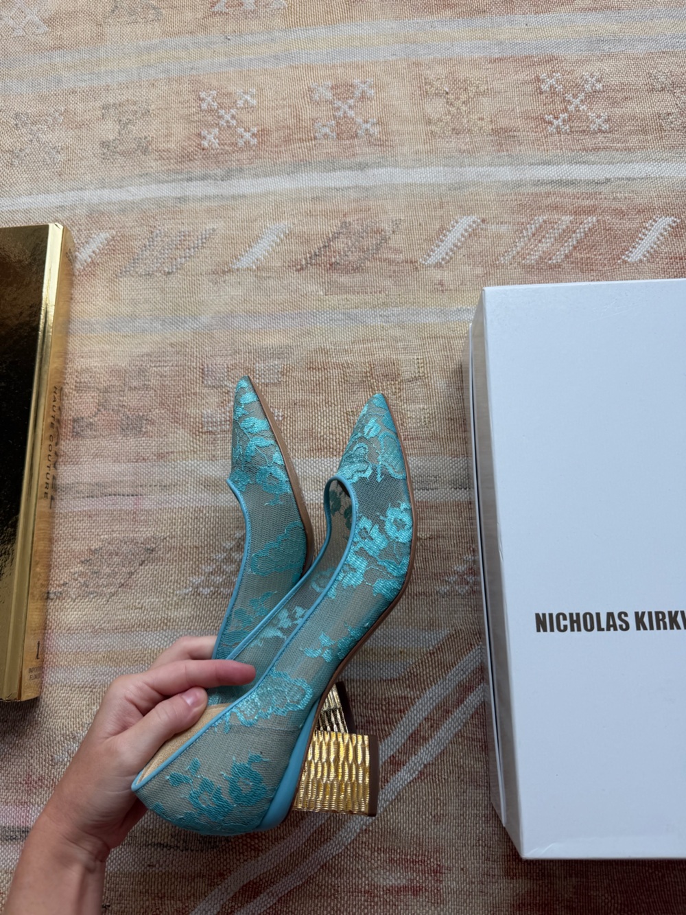 Nicholas Kirkwood Floral Pointed-Toe Heels in Blue & Gold Like New
